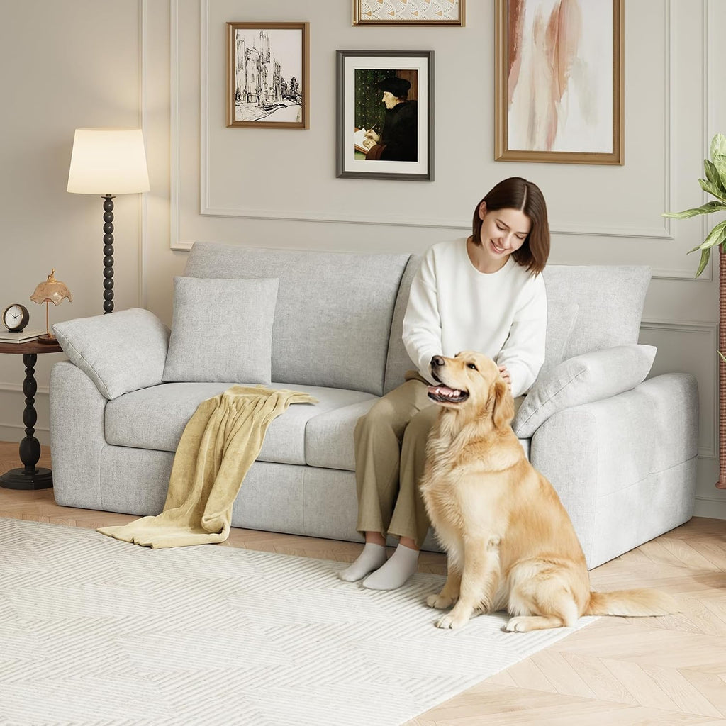 MALOL 90' Boneless Loveseat Sofa, Cloud Foam Couch, 3 Seater Upholstered Midcentury Mondern Love Seat, Wide Armrest and 4 Pillows for Home Living Room/Small Spaces, No Assembly Required, Beige