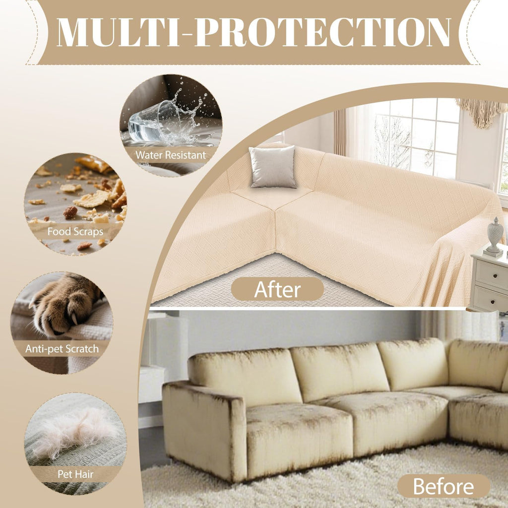 Waterproof Sectional Couch Covers Sectional Sofa Cover L Shaped Corner Sofa Slipcovers Blanket for Dogs Pets Washable Jacquard Quilted L Shape Furniture Protector (75x252 in, Beige)