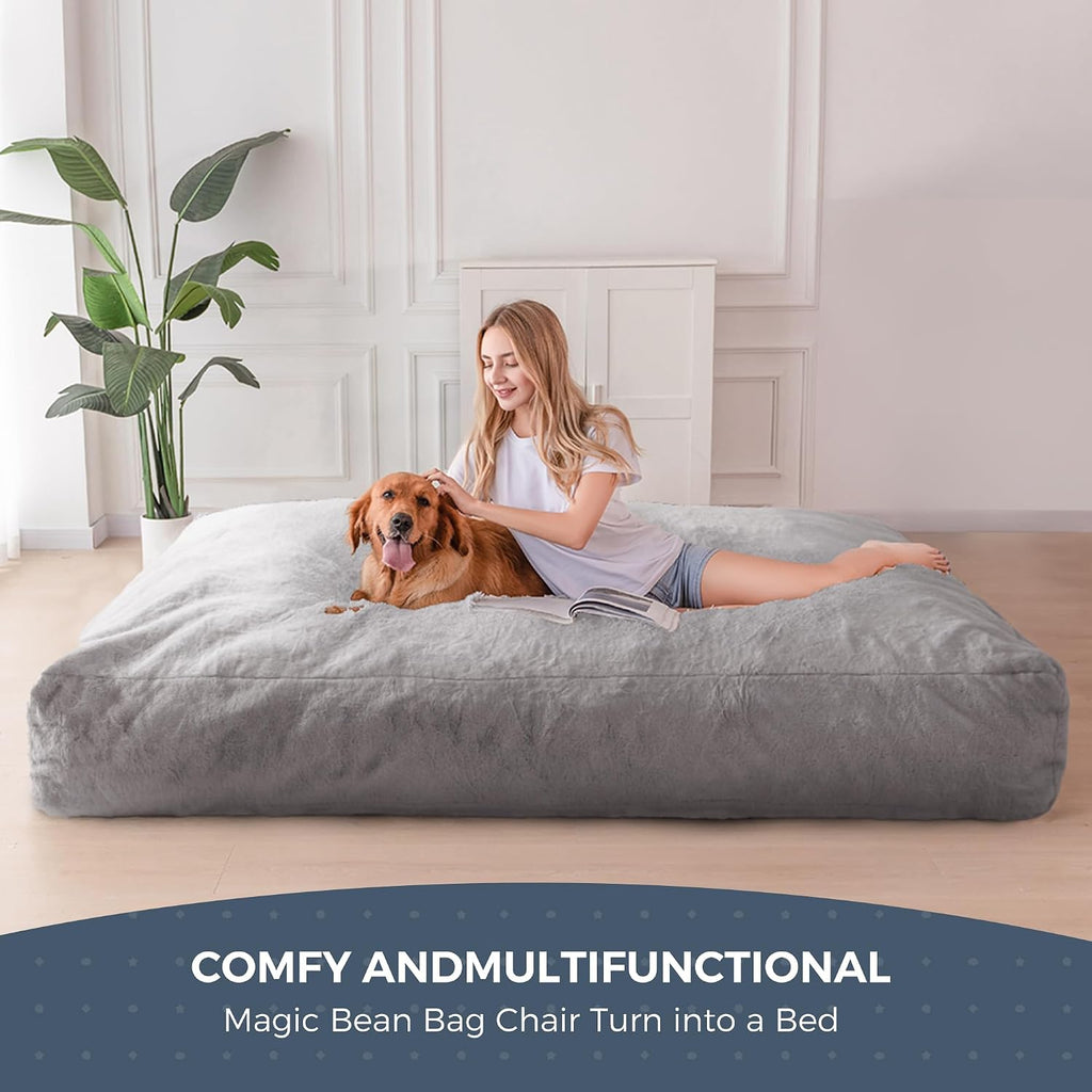 MAXYOYO Giant Bean Bag Chair Bed for Adults, Convertible Beanbag Folds from Lazy Chair to Floor Mattress Bed, Large Floor Sofa Couch, High-Density Foam Filling, Machine Washable, Grey, Flull