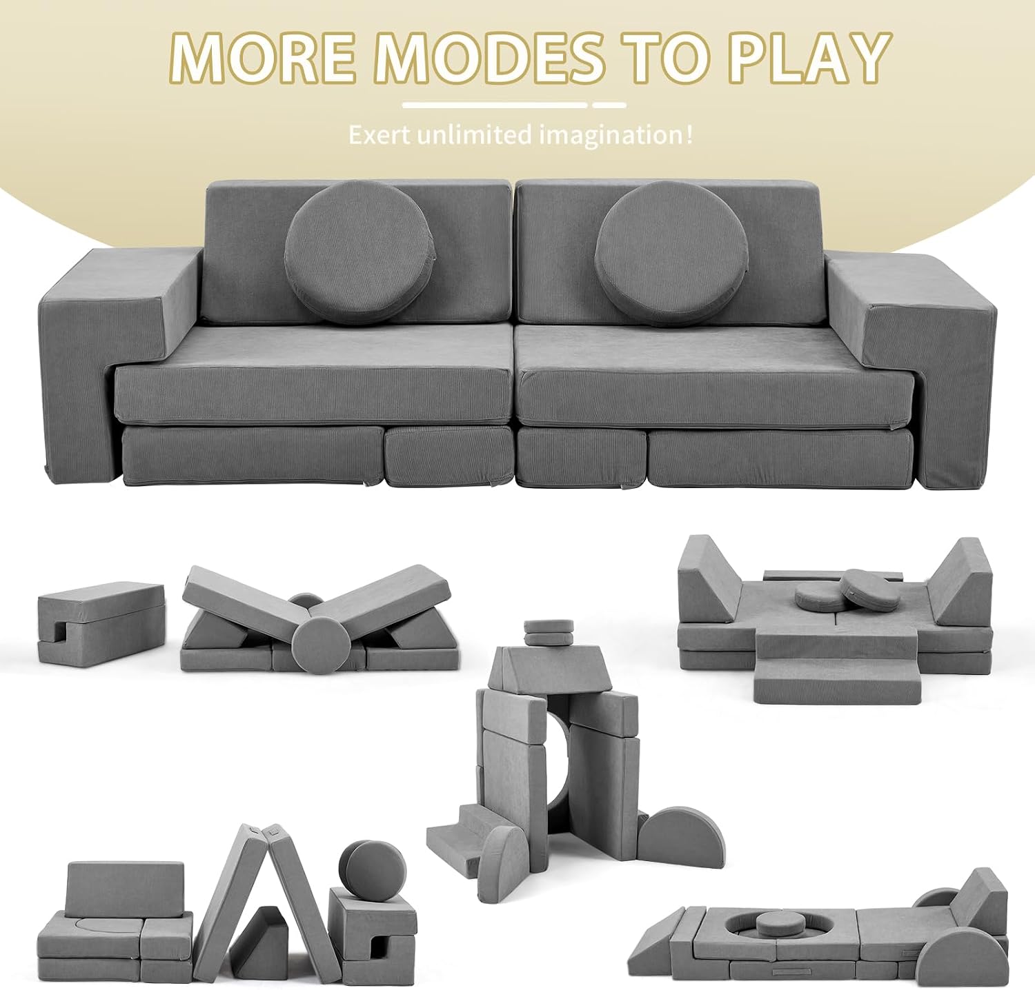 Karl home Kids Couch 14PCS, Modular Kids Play Couch, Multifunctional Foam Toddler Sofa,Climbing & Relaxation, Sectional Convertible Sofa Imaginative Furniture Play Set for Playroom, Grey