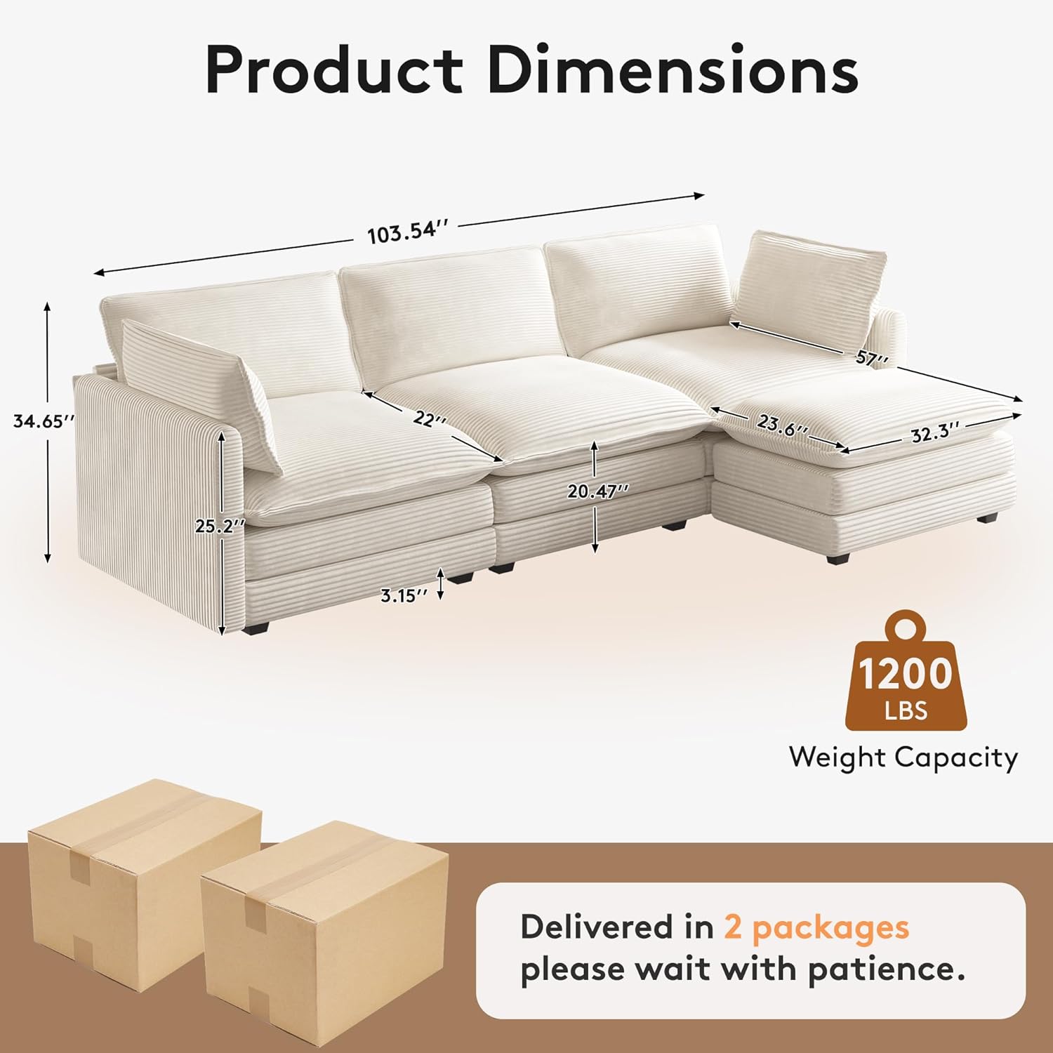 GRUSIGN 104' Modern Modular Sectional Sofa for Living Room, 4-Seat Deep Seat Couch with Movable Ottoman, L-Shaped Corduroy Sofa in Beige for Living Room, Cloud Couch Sectional Set for Bedroom
