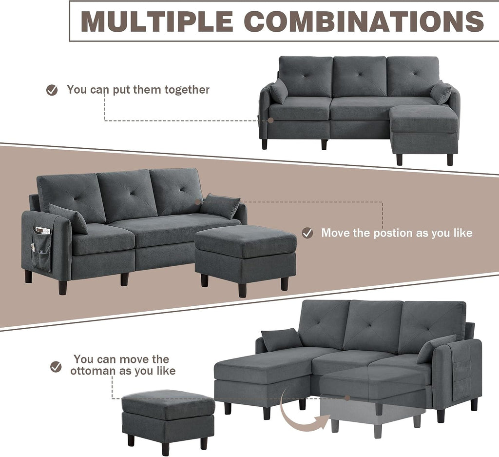 Convertible Sectional Sofa, 77' Small L Shaped 3 Seat Couch with Reversible Storage Chaise, Modern Polyester Fabric Sofa Couches for Living Room, Apartment and Small Space, Dark Grey