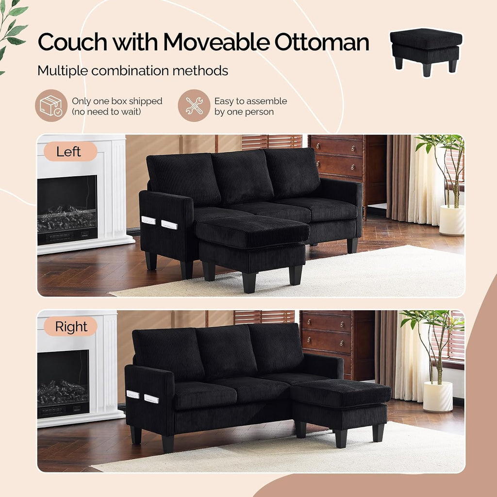 VINGLI 68.5' L Shaped Couch with Movable Storage Ottoman, Convertible Sectional Sofa in Soft Corduroy Fabric, Modern Reversible Chaise Couch for Small Spaces, Apartment, Living Room，Black