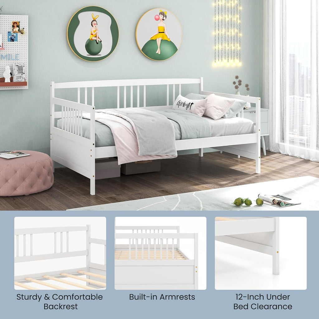 Giantex Twin Daybed Frame, Wooden Sofa Bed Guest Bed with Rails & Wood Slat Support, Dual-use Twin Size Platform Bed Frame for Living Room Bedroom, No Box Spring Needed, White