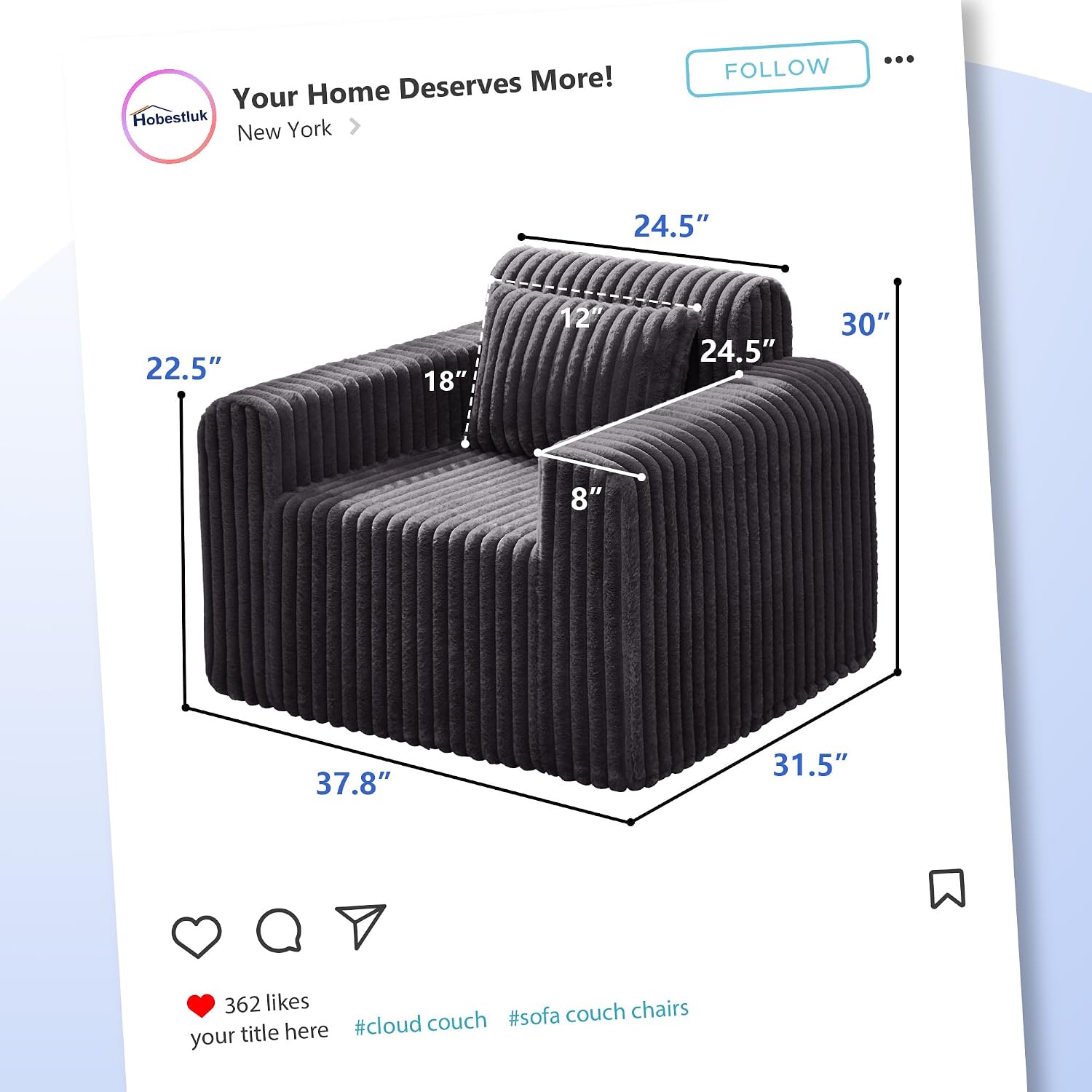 Hobestluk Single Sofa Foam Couch Sofa for Small Spaces Comfy Sofas with Removable Cover Furry Couch with Pillows for Living Room, Bedroom, Apartment, Office (Dark Grey, Standard)