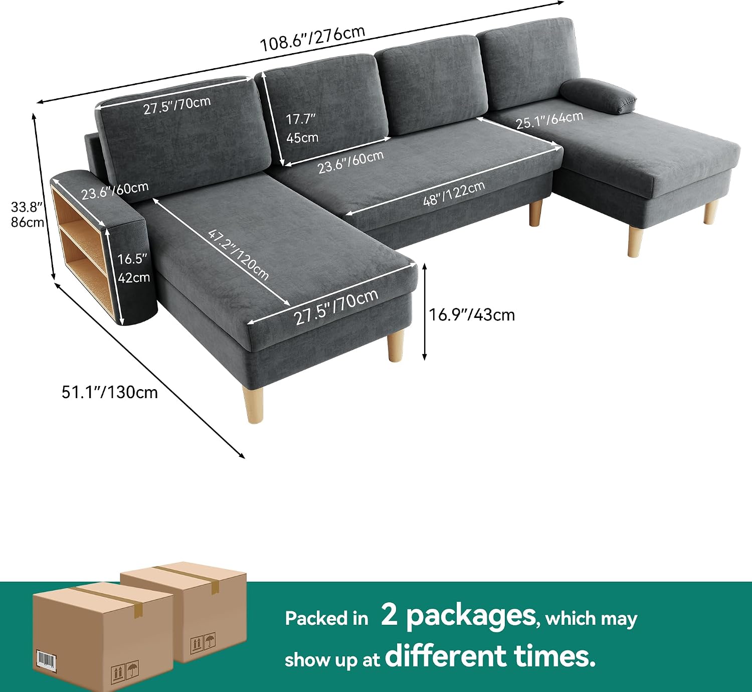 DWVO 109'' U-Shaped Sofa, 4-Seat Cloud Couch with Double Chaise, Storage Armrests & Cup Holder, Thick Cushions, Durable Wood Frame for Living Room