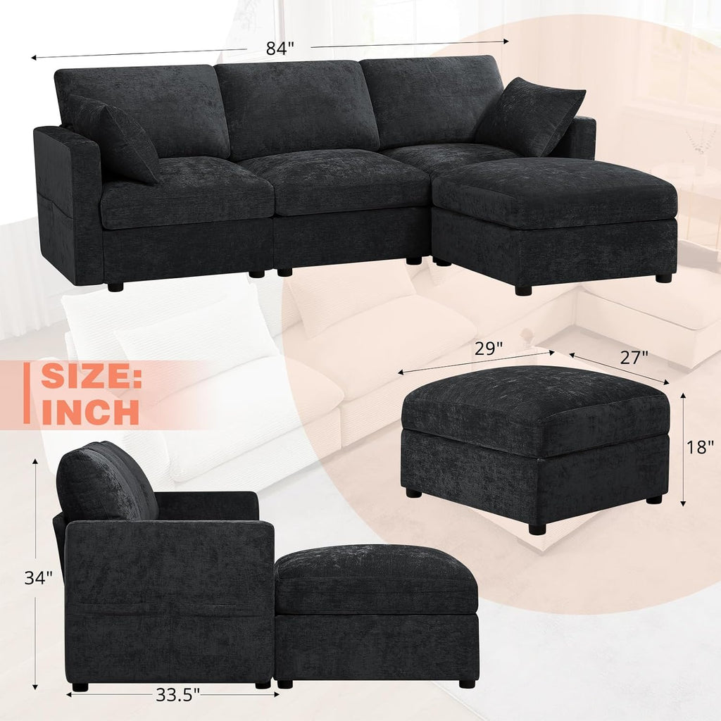 84 Inches Chenille 3-Seater Couch W/Movable Ottoman, Upholstered Sectional Sofa w/Soft Backrest, Modern Fabric L Shaped Couch w/Armrest Pillows for Living Room, Office, Black