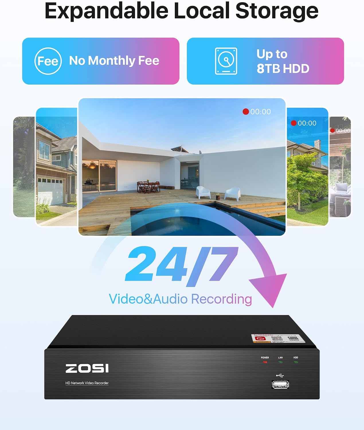 ZOSI 4K PoE Security Camera System with Person Vehicle Detection,8 Ports 16CH 8MP NVR with 2TB HDD,8pcs 4K Outdoor Indoor PoE IP Cameras,Night Vision,Spotlight Siren,2 Way Audio,for 24/7 Recording