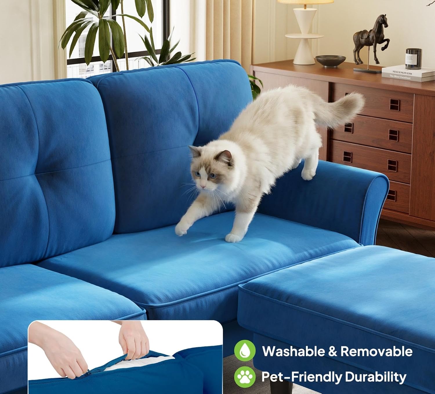 Welzona Sectional Couches for Living Room, 83' Velvet Modern 3 Seater Sofa, L Shaped Couch with Ottoman, Small Sectional Couch Sofas for Living Room, Bedroom, Apartment, Office, Blue Sofa