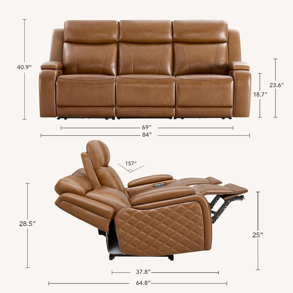 Watson & Whitely Genuine Leather Power Recliner Sofa, 3 Seater Zero Gravity Reclining Couch with Power Headrest & Flip Middle Backrest Table, Hidden Storage, Cup Holders for Living Room, Saddle Brown