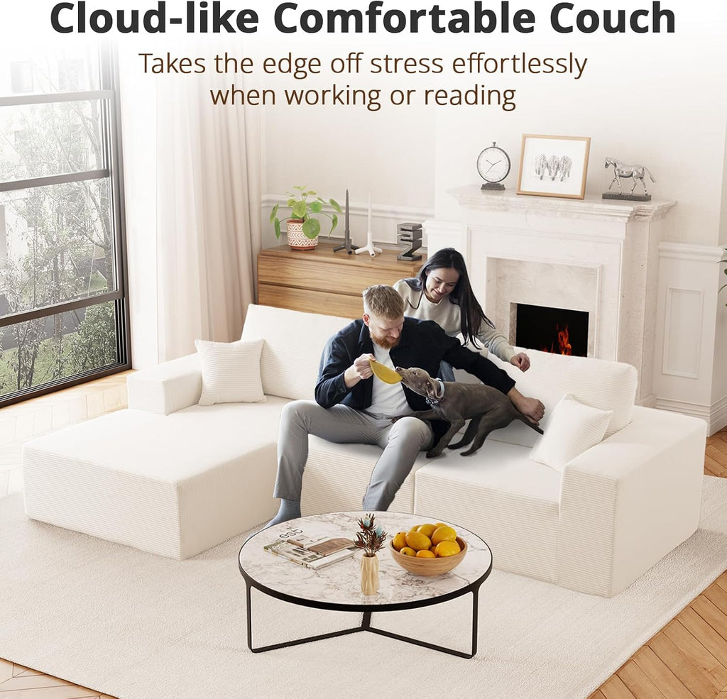 108' L-Shaped Boneless Couch, High Seat Modular Sectional Sofa with Moveable Ottoman, Corduroy Cloud Couches for Living Room, No Assembly, Ship in a Box, White