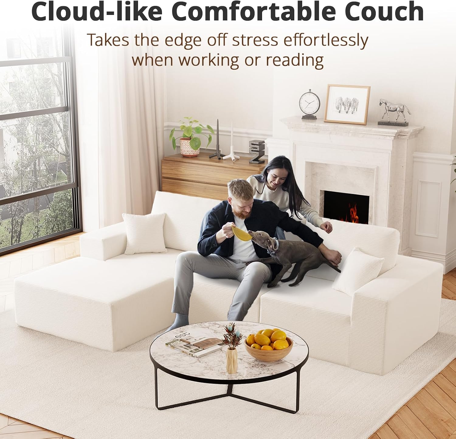 108' L-Shaped Boneless Couch, High Seat Modular Sectional Sofa with Moveable Ottoman, Corduroy Cloud Couches for Living Room, No Assembly, Ship in a Box, White