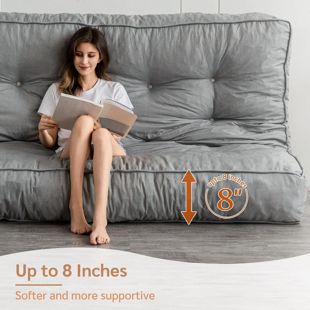 YOSHOOT 8 Inches Futon Mattress Full Size, Thick Futons Sofa Couch Bed, Floor Mattress for Adults, Shredded Foam Filling, Medium Firm(Frame Not Included), Grey, 54'x75'
