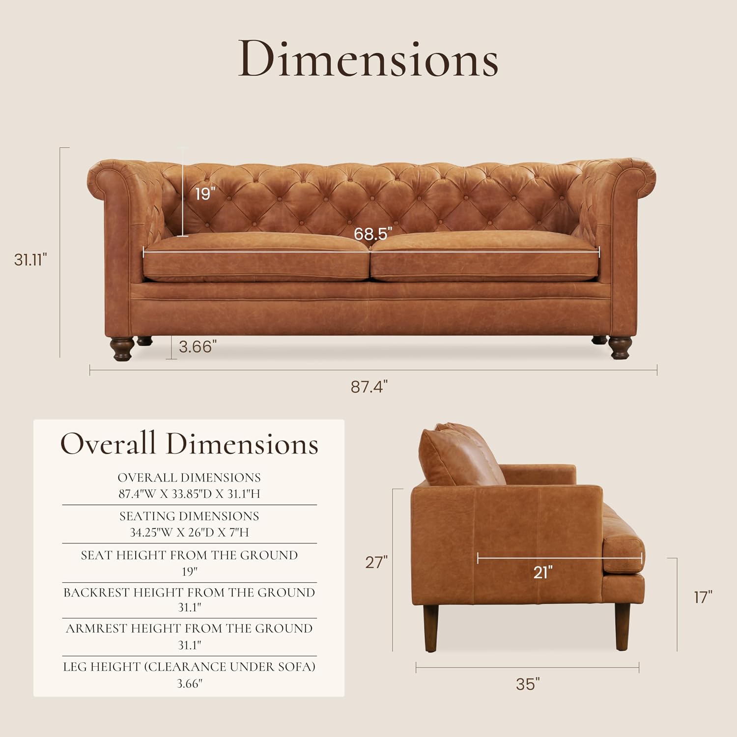 POLY & BARK Lyon 87.4' Leather Sofa in Cognac Tan – Full-Grain Pure-Aniline Italian Leather, Deep Button Tufting, Rolled Arms and Espresso Wood Legs – Chesterfield Style for Elegant Living Rooms