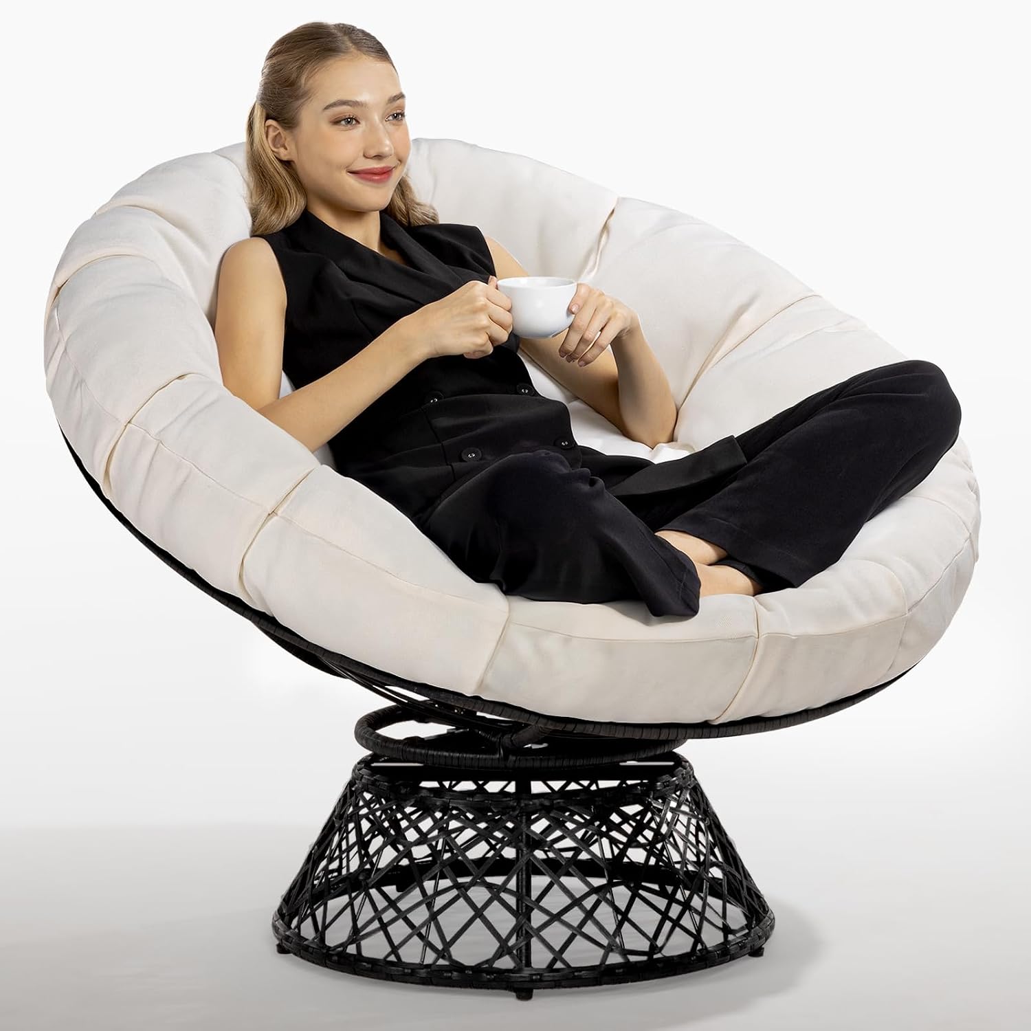 Bme 40' Ergonomic Wicker Papasan Chair with Soft Thick Cushion & Frame, 360° Swivel, Circle, Reading, Comfy Chair for Living Room, Bedroom