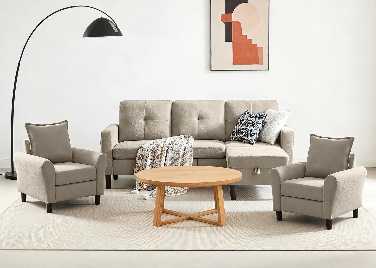 3 Piece Living Room Sofa Sets, Modern 3 Seater Sofa with Storage Ottoman and 2 PSC Armchair Couch Sets, Easy Assembly, Modern 5 Seat Sectional Couches for Living Room, Office,Beige