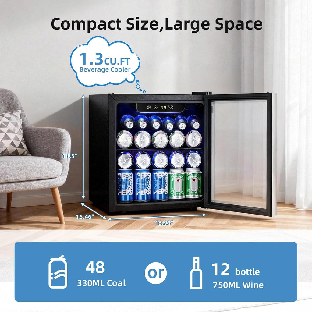 Antarctic Star Beverage Cooler Holds Up to 48 Cans & 12 Wine Bottles, Stainless Steel Glass Door Drink Fridge with Digital Display and Electronic Temperature Control, Silver