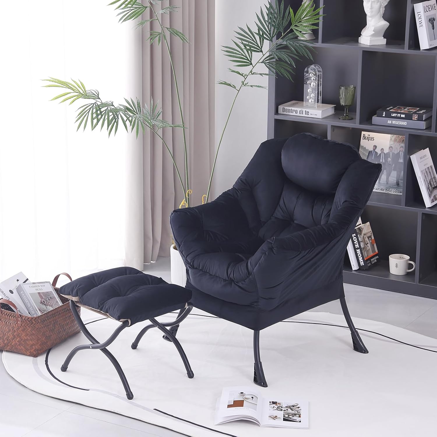 MBOOYOME Lazy Chair with Folding Ottoman, Modern Accent Lounge Armchair with Armrests, a Side Pocket & Foldable Footstool, Leisure Reading Chair for Living Room, Bedroom, Dorm & Office, Velvet Black