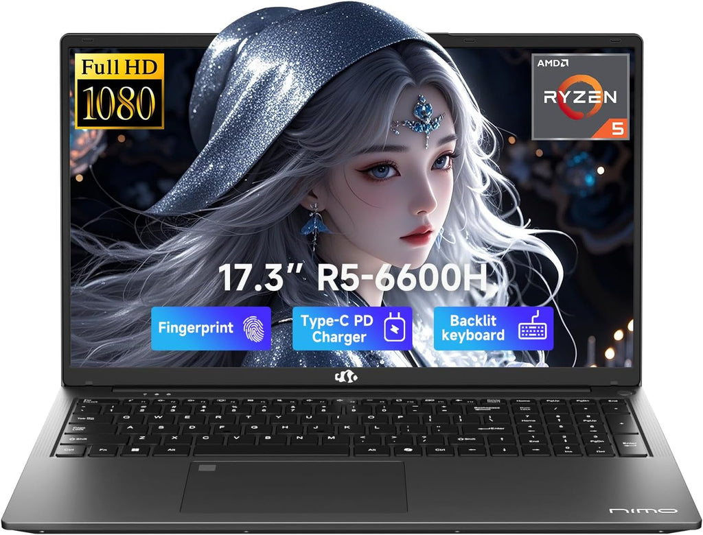 NIMO 17.3' IPS FHD-Gaming-Laptop, AMD Ryzen 5 6600H 6 Cores 16GB DDR5 RAM 1TB SSD (Beat i7-1165G7, Up to 4.5GHz) Radeon 660M GPU-Computer with 100W Type-C Backlit Keyboard Fingerprint Win 11