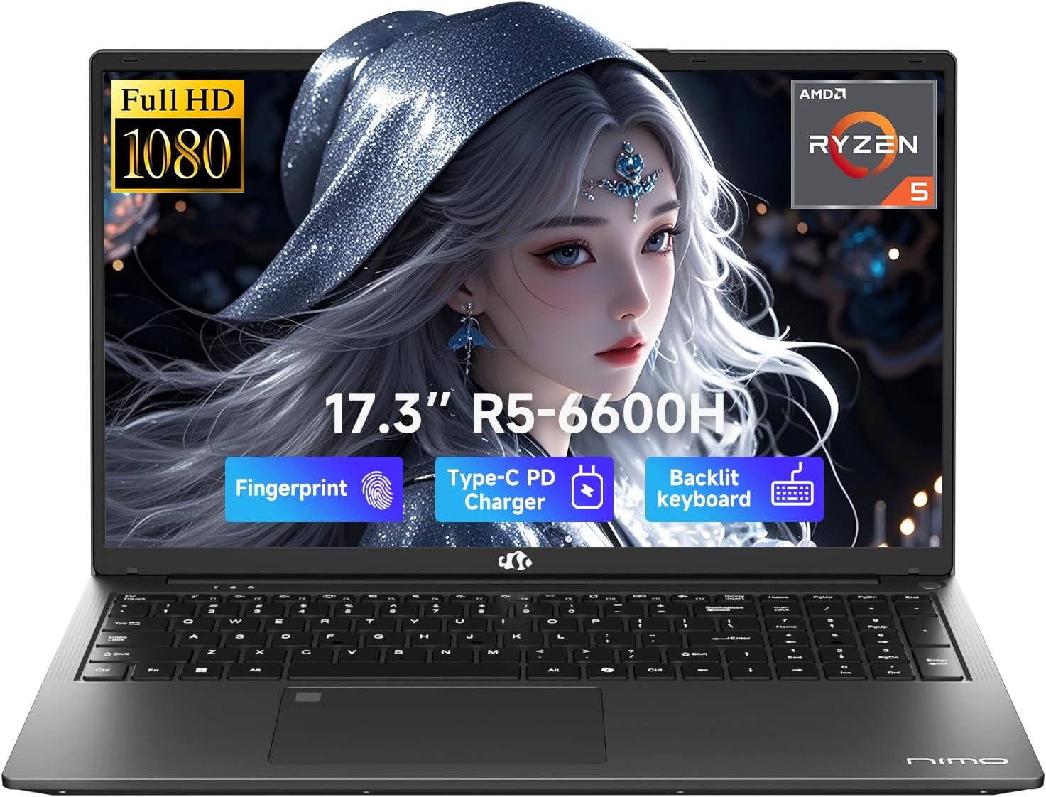 NIMO 17.3' IPS FHD-Gaming-Laptop, AMD Ryzen 5 6600H 6 Cores 16GB DDR5 RAM 1TB SSD (Beat i7-1165G7, Up to 4.5GHz) Radeon 660M GPU-Computer with 100W Type-C Backlit Keyboard Fingerprint Win 11