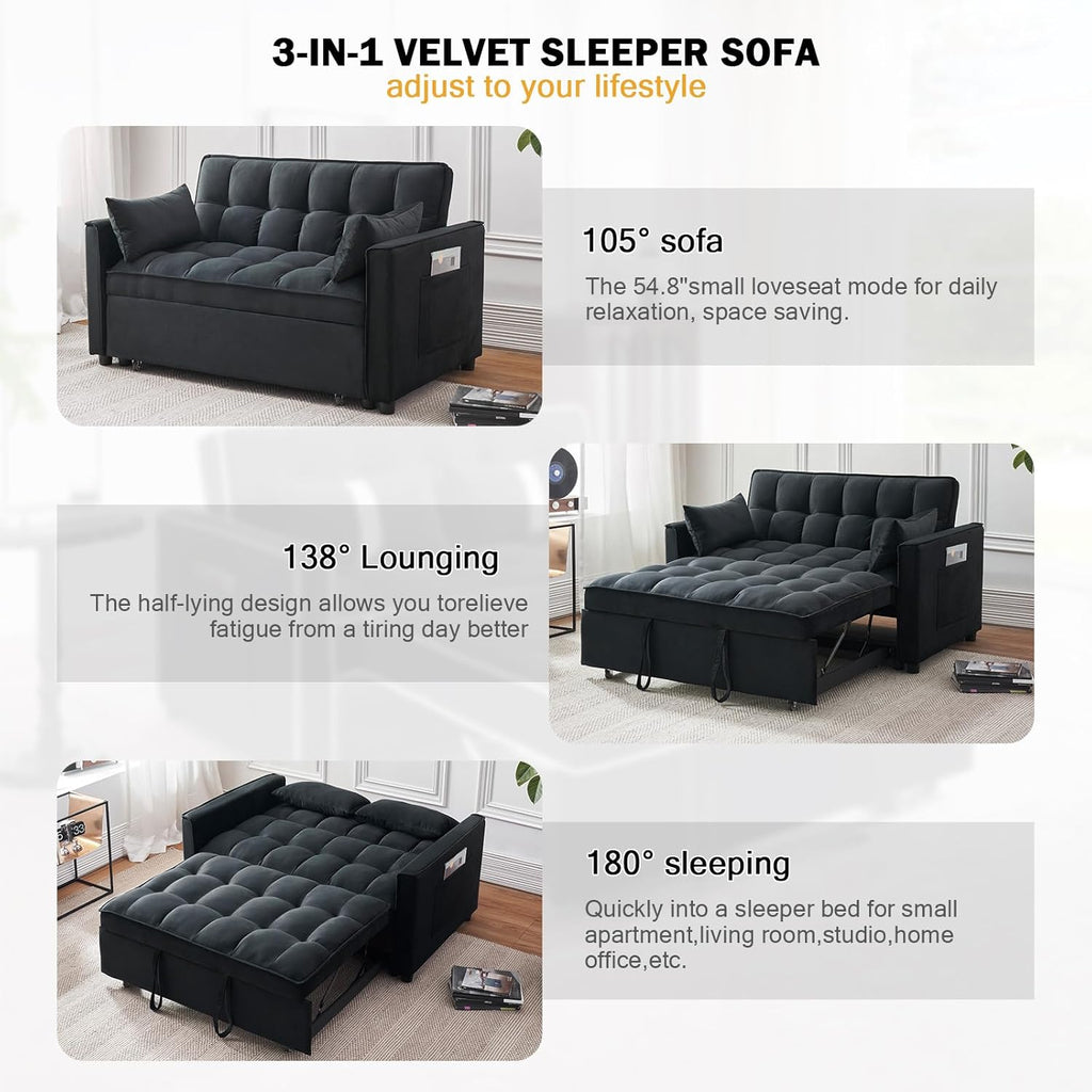 ECHINGLE Sleeper Sofa Bed, 3-in-1 Velvet Pull Out Couch with Armrests, Storage Pockets and 2 Pillows, Adjustable Backrest, Pull Out Sofa Bed Couch for Living Room, Bedroom(Black)