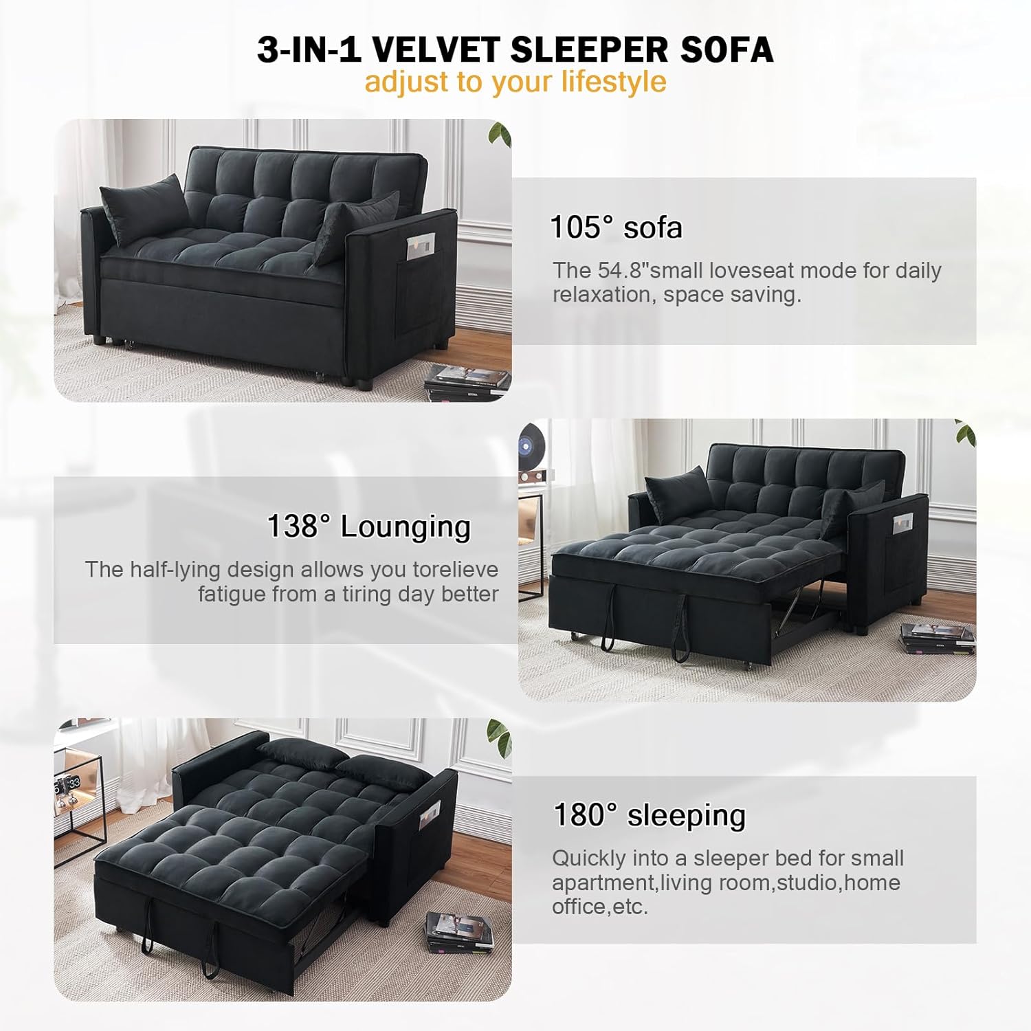 ECHINGLE Sleeper Sofa Bed, 3-in-1 Velvet Pull Out Couch with Armrests, Storage Pockets and 2 Pillows, Adjustable Backrest, Pull Out Sofa Bed Couch for Living Room, Bedroom(Black)