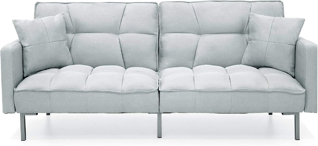 Best Choice Products Convertible Linen Fabric Tufted Split-Back Plush Futon Sofa Furniture for Living Room, Apartment, Bonus Room, Overnight Guests w/ 2 Pillows, Wood Frame, Metal Legs - Light Gray