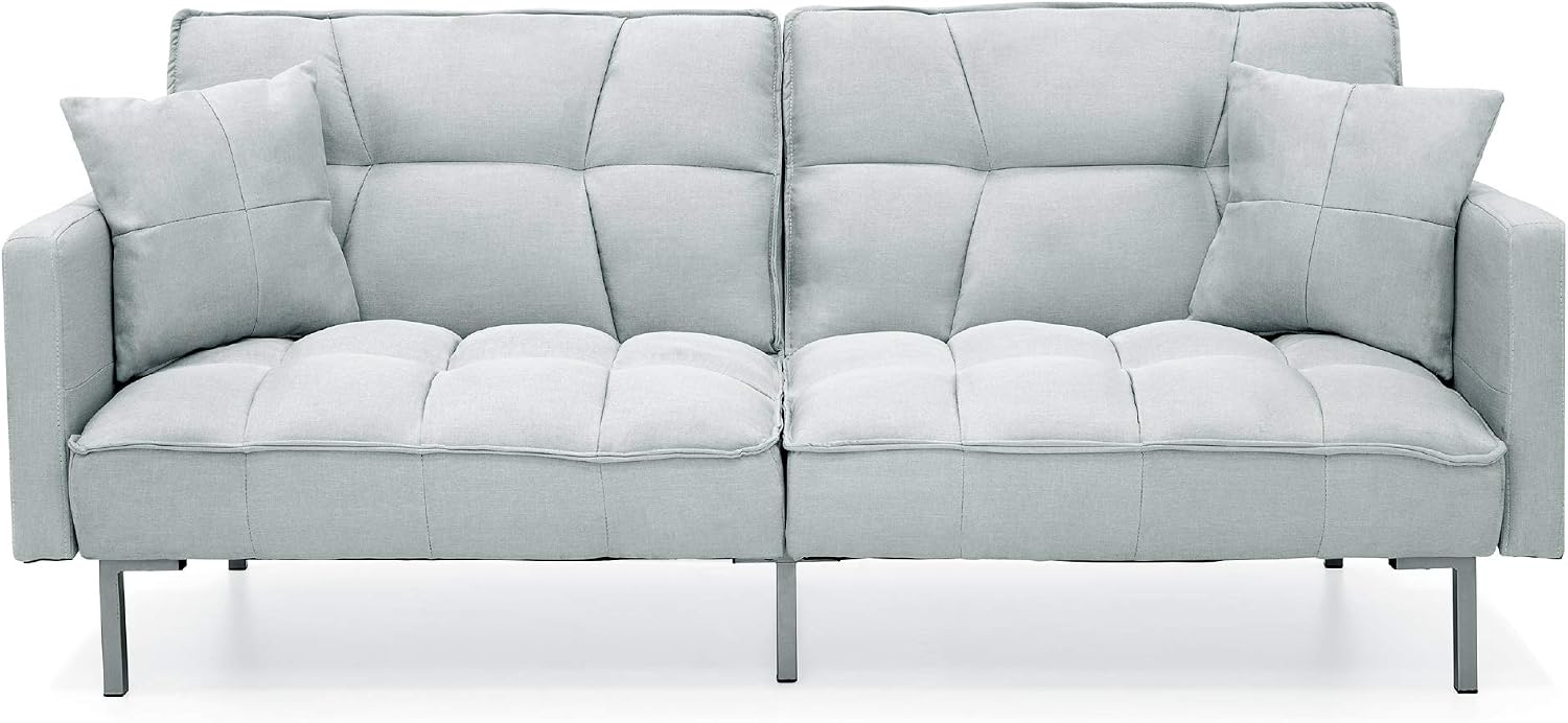 Best Choice Products Convertible Linen Fabric Tufted Split-Back Plush Futon Sofa Furniture for Living Room, Apartment, Bonus Room, Overnight Guests w/ 2 Pillows, Wood Frame, Metal Legs - Light Gray
