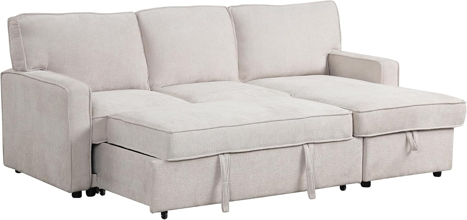 LUMISOL 89' Convertible Sleeper Sofa Bed, Modern L-Shaped Sectional Sofa with Reversible Storage Chaise, Chenille Pull Out Couch with Cup Holders & USB Charging Station for Living Room, Beige