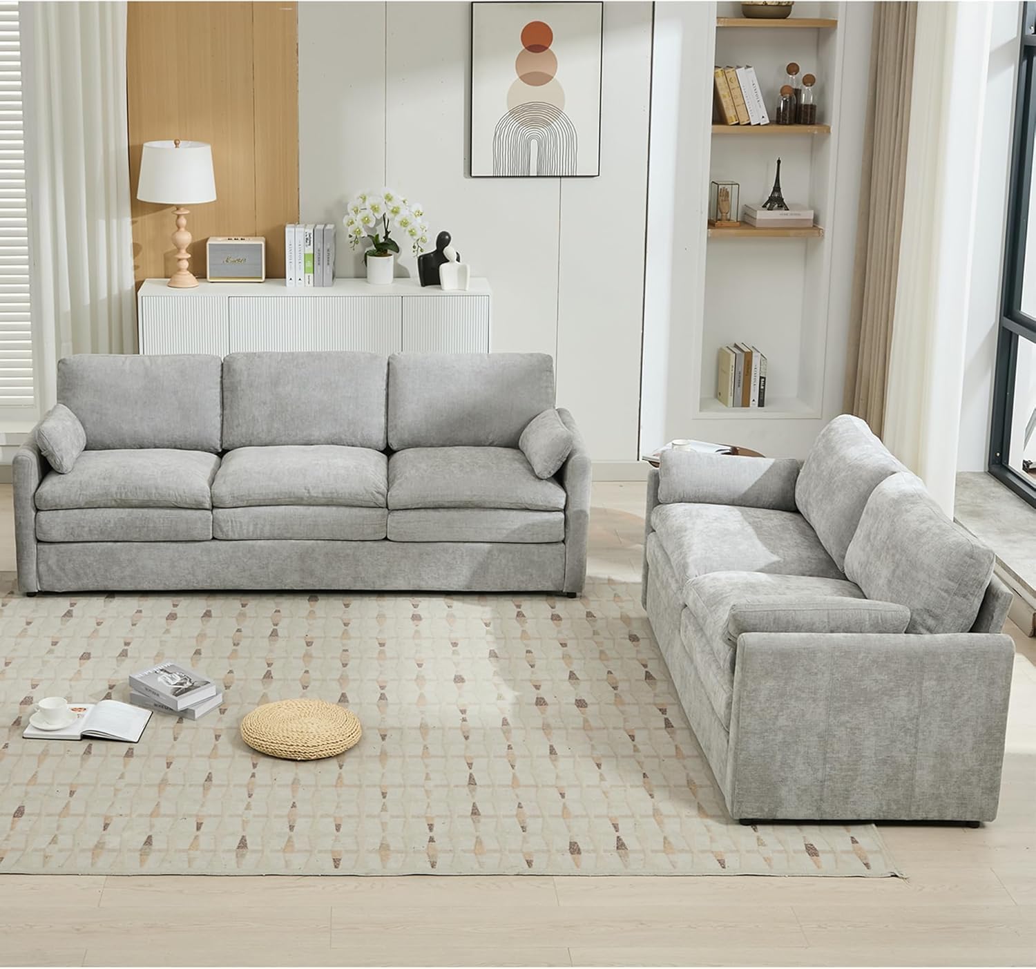 Harper & Bright Designs 2-Piece Chenille Fabric Upholstered Sofa Set with Oversized Comfy Cloud 3-Seater Couch and Loveseat Sofa, Double Plush Cushion for Living Room