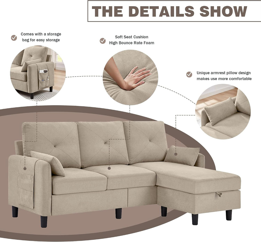 Convertible Sectional Sofa, 77' Small L Shaped 3 Seat Couch with Reversible Storage Chaise, Modern Polyester Fabric Sofa Couches for Living Room, Apartment and Small Space, Beige