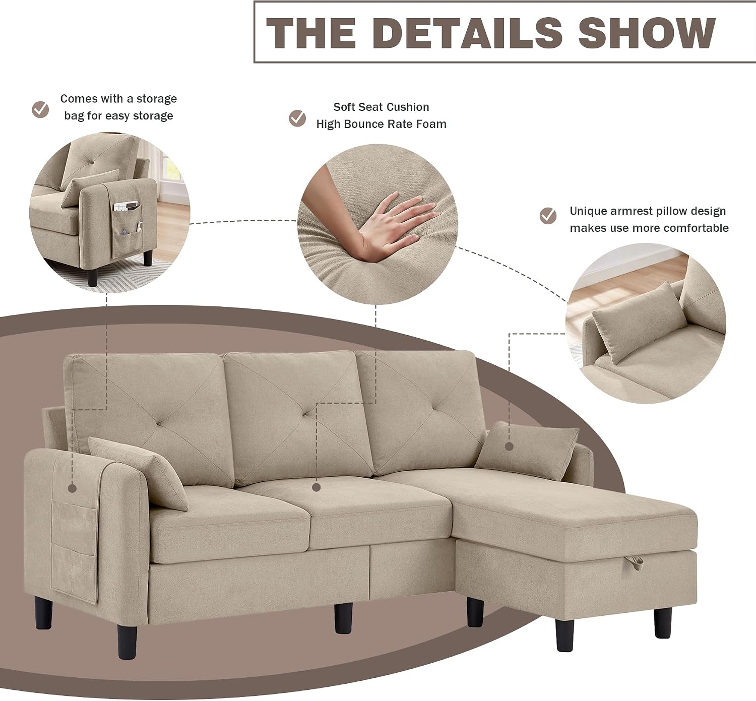 Convertible Sectional Sofa, 77' Small L Shaped 3 Seat Couch with Reversible Storage Chaise, Modern Polyester Fabric Sofa Couches for Living Room, Apartment and Small Space, Beige
