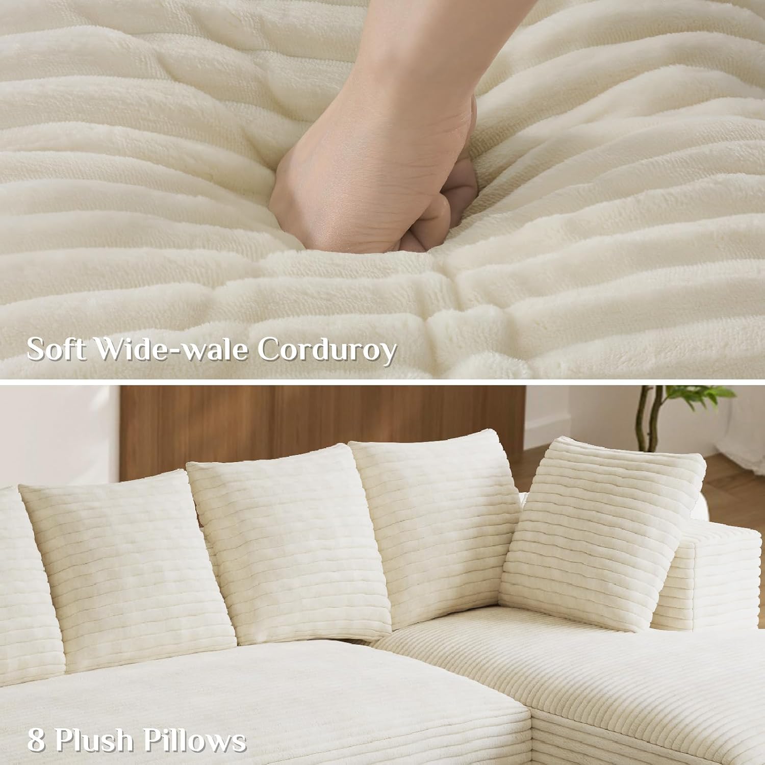 131' Oversized U Shaped Cloud Sectional Couches for Living Room, Comfy Fluffy Corduroy Beige Boneless Sectionals Couch, Plush Memory Foam Modular Sectional Sofa with Chaise- 19' Seat Height