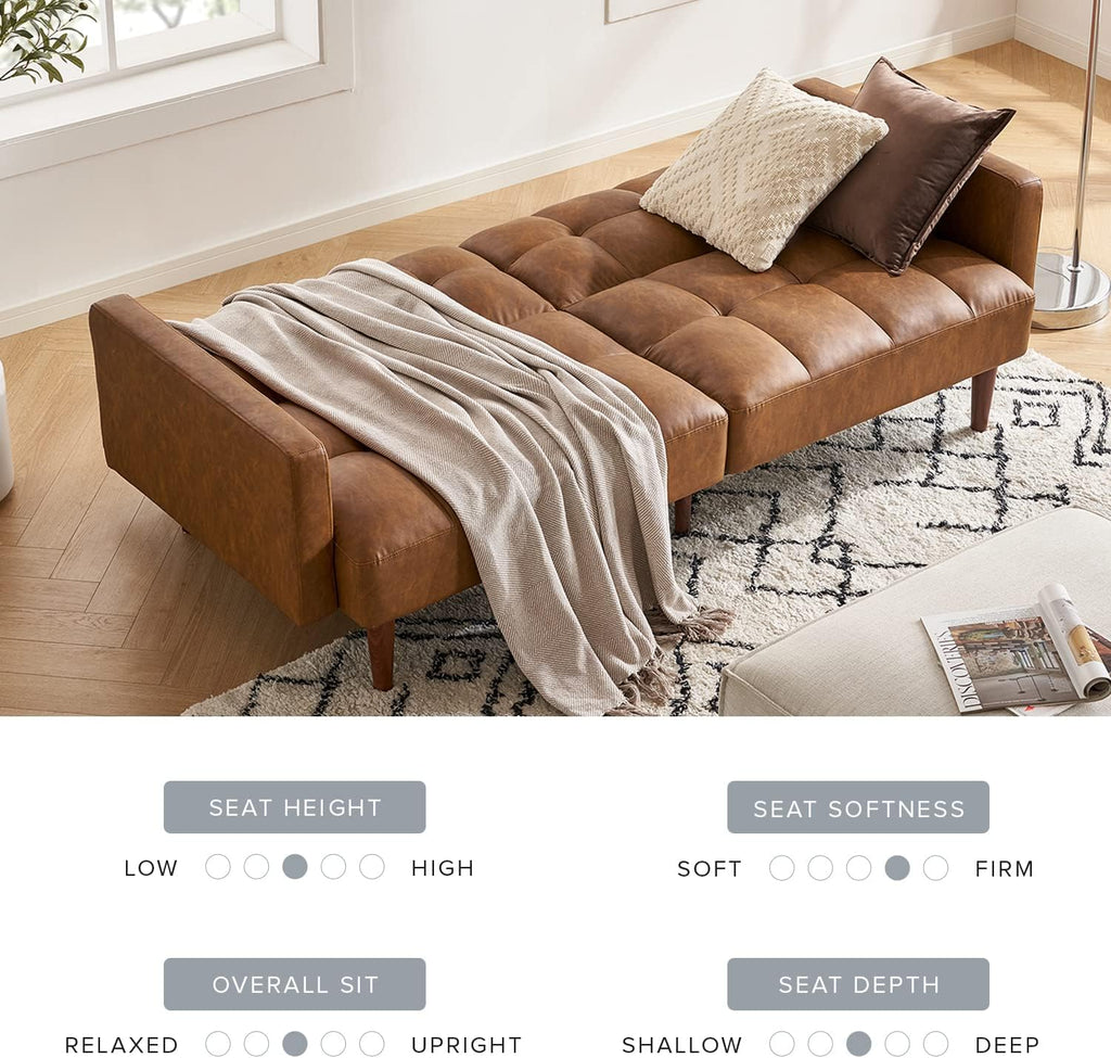 mopio 76.4' Futon Sofa Bed, Couch, Loveseat, Sleeper Sofa, Mid Century Modern Futon Couch, Sofa Cama, Couches for Living Room (Aaron PU, Pecan Brown)