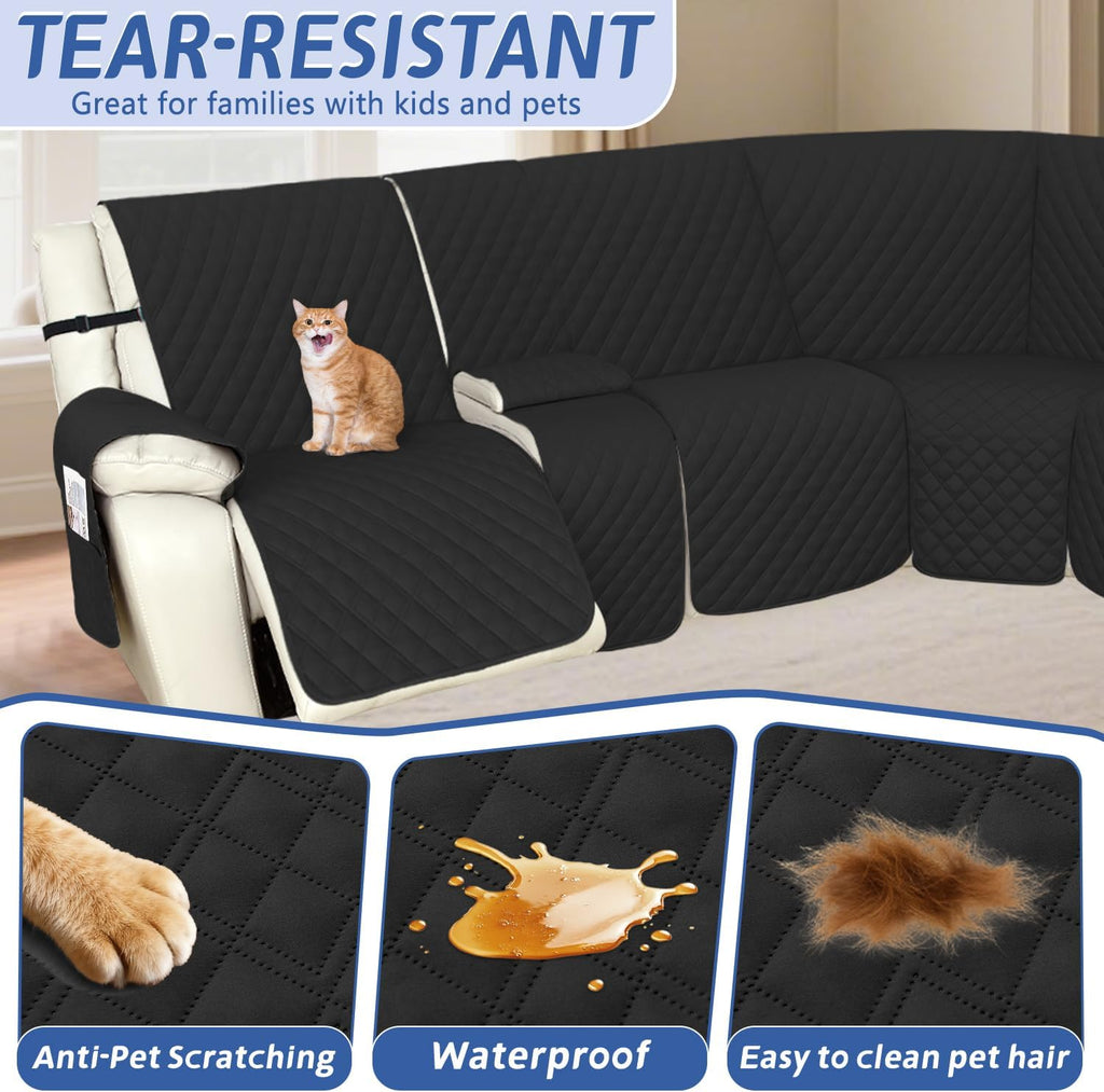 Arfntevss Recliner Sectional Couch Covers 1OO% Waterproof L Shape Sofa Cover for Reclining L Shaped Sectional Slipcover Dog Washable Corner Non Slip Protector (5 Seater with 1 Console, Black)