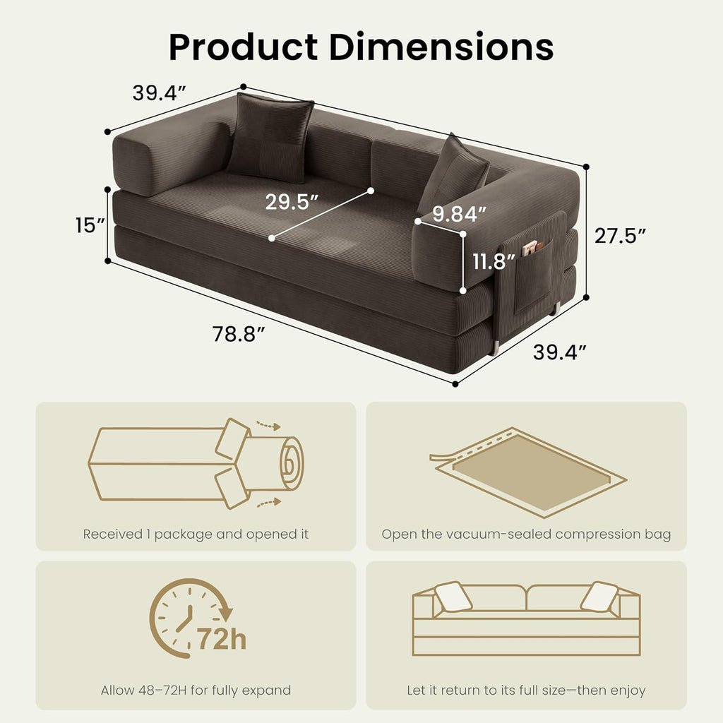 78.8' Convertible Futon Sofa Bed,Corduroy Futon Couch with Storage Pocket,Folding Pull Out Sofa,No Assembly Boneless Couch for Living Room,Brown