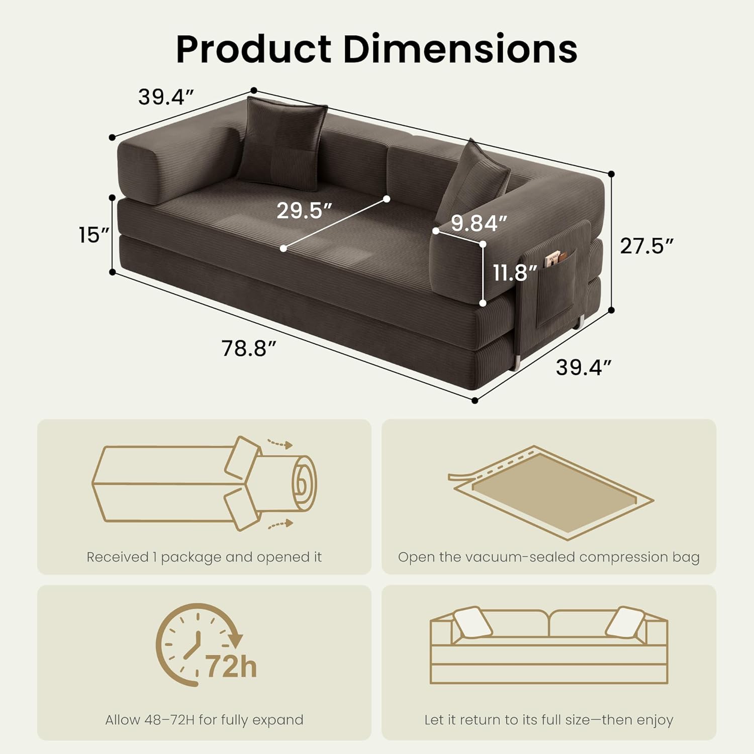 78.8' Convertible Futon Sofa Bed,Corduroy Futon Couch with Storage Pocket,Folding Pull Out Sofa,No Assembly Boneless Couch for Living Room,Brown