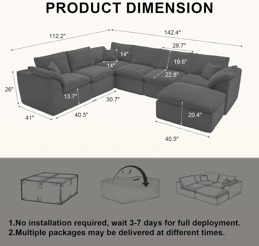 143' Cloud Sectional Couch, Boneless couches for Living Room, 7 Seater Large Modular Sectional Sofa with Deep Seat, Comfy Soft Cushions, No Assembly, Gray
