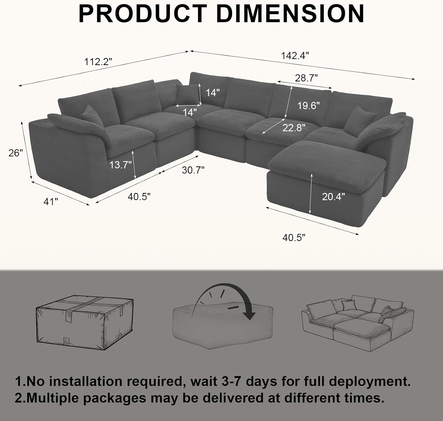 143' Cloud Sectional Couch, Boneless couches for Living Room, 7 Seater Large Modular Sectional Sofa with Deep Seat, Comfy Soft Cushions, No Assembly, Gray