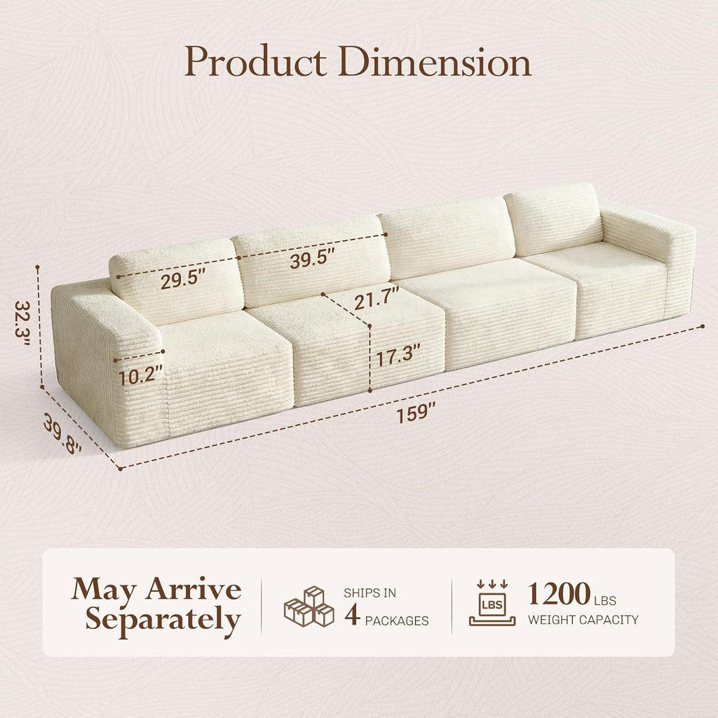 Vesgantti 159' Modular Sectional Sofa, Corduroy Cloud Couch with Extra Deep Seats & Spring Support, Flexible Layout 4-Seater Boneless Couch, No Assembly Required, Beige