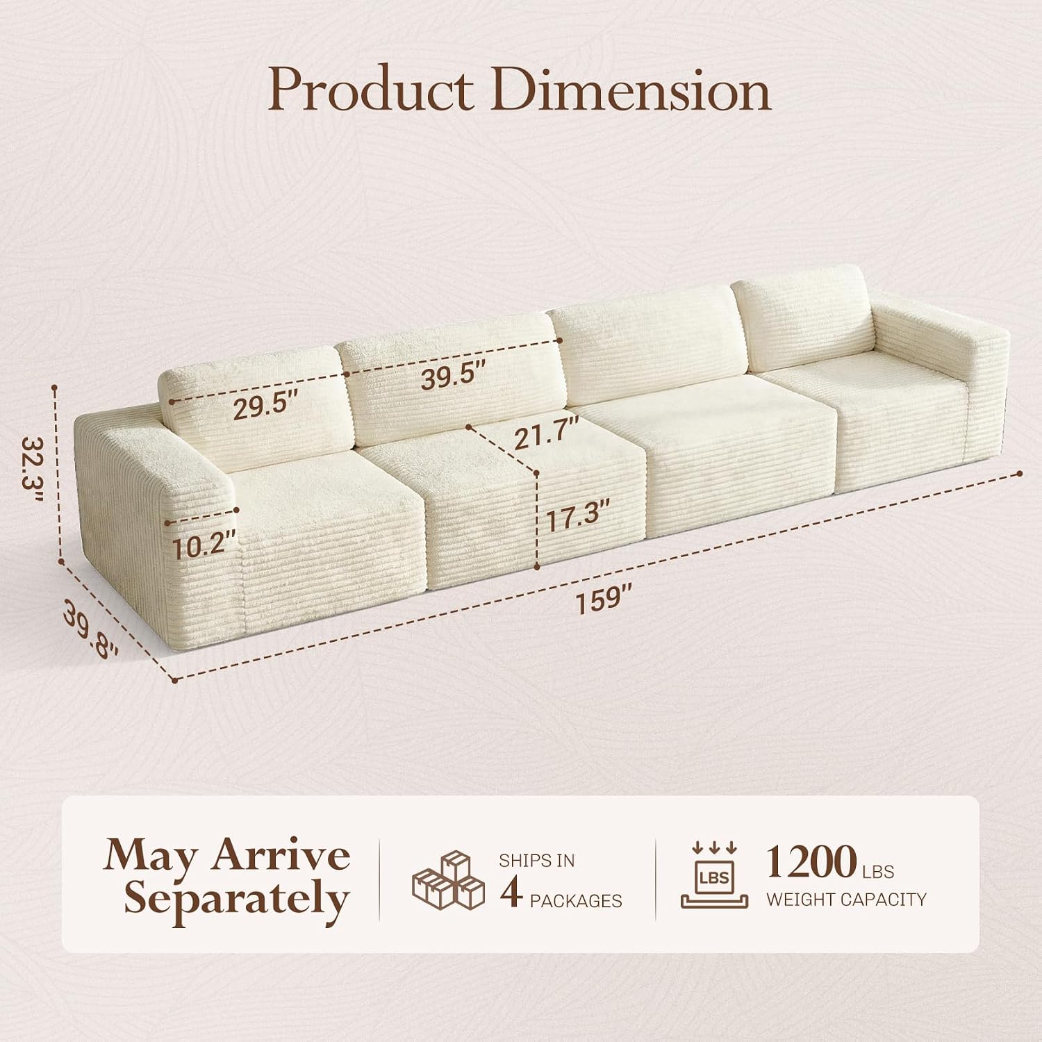 Vesgantti 159' Modular Sectional Sofa, Corduroy Cloud Couch with Extra Deep Seats & Spring Support, Flexible Layout 4-Seater Boneless Couch, No Assembly Required, Beige