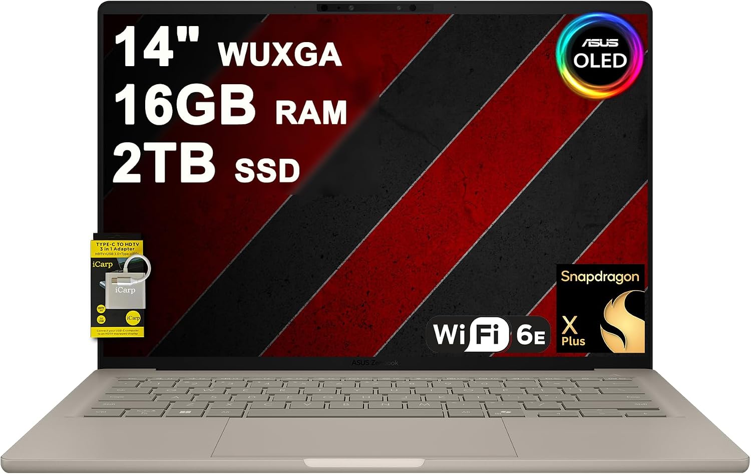ASUS Zenbook A14 Laptop 14' WUXGA OLED (100% DCI-P3, 600nits HDR) Qualcomm 8-core Snapdragon X Plus (Up to 45 Tops) 16GB DDR5 2TB SSD for Creator Business Professional Win11 ICP Hub