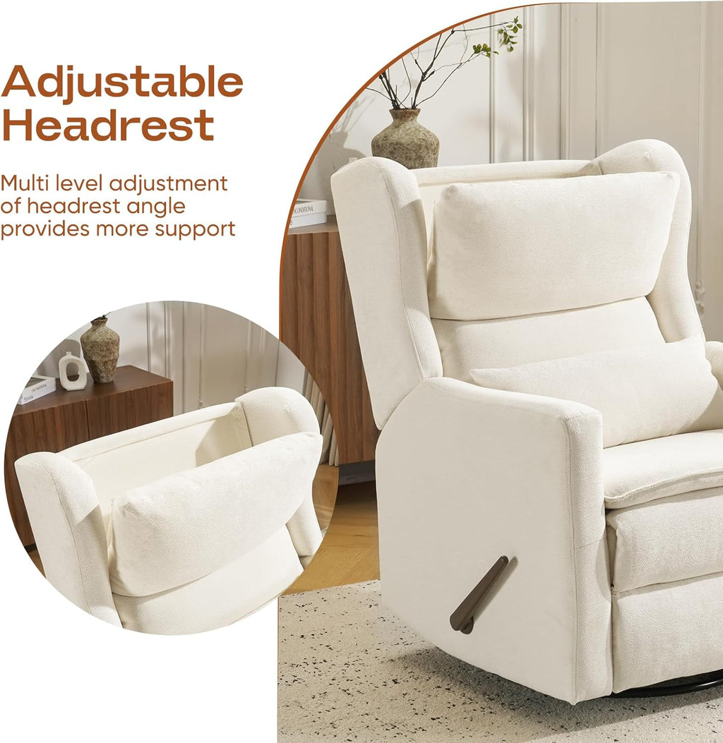 Rocking Chair Nursery with Adjustable Headrest,Comfy Swivel Rocker Recliner with Lumbar Support, Manual Nursery Chair Rocker Recliner with Cup Holder and Side Pockets, White
