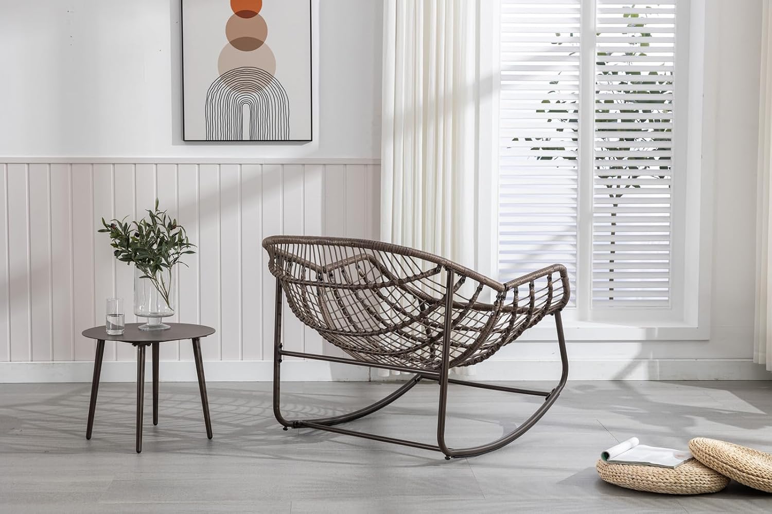Outside Rattan Rocking Chair with Wicker Cushion, Oversized Lounge Papasan Chair, Outdoor Camping Chairs Patio Furniture for Garden, Balcony, Front Porch & Living Room, Olive2