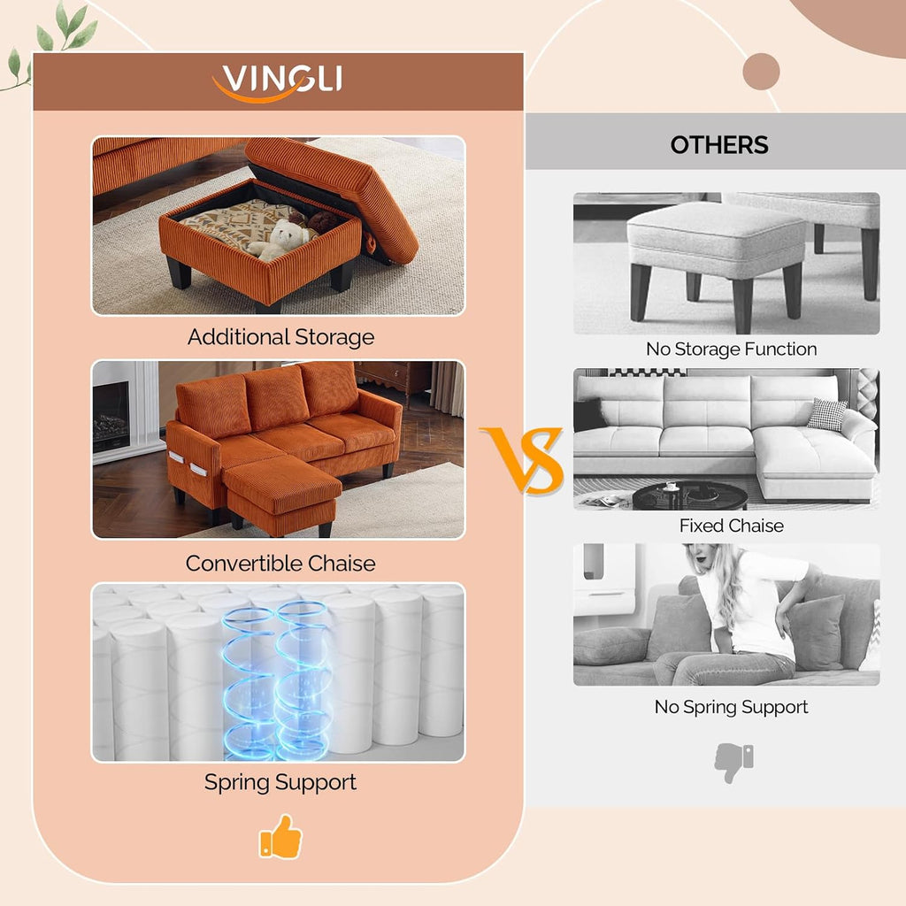 VINGLI 68.5' L Shaped Couch with Movable Storage Ottoman, Convertible Sectional Sofa in Soft Corduroy Fabric, Modern Reversible Chaise Couch for Small Spaces, Apartment, Living Room，Orange