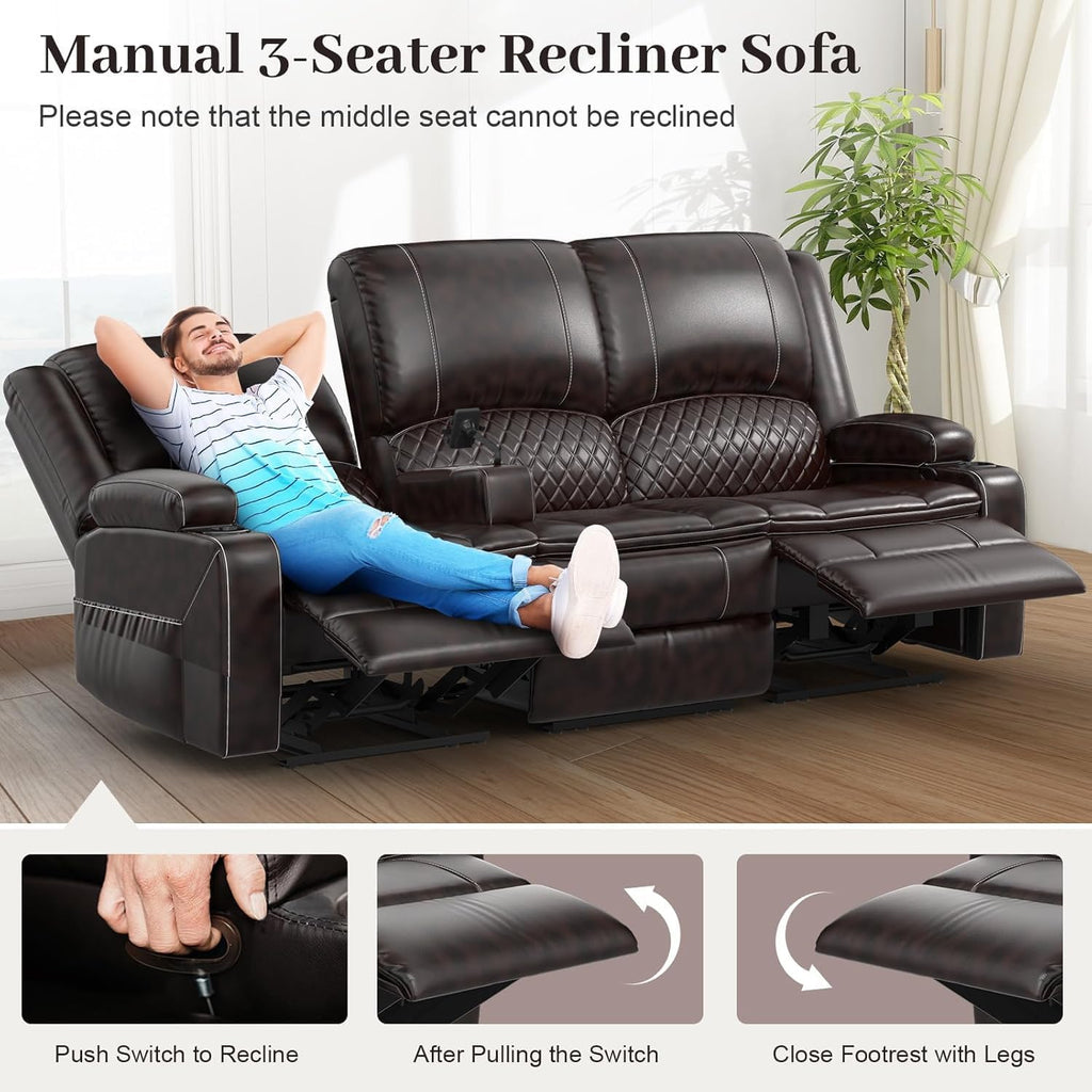 Yolsali 3-Seater Recliner Sofa, Manual Reclining Couch with Multi-Functional Middle Seat, Reclining Sofa for Living Room with Hidden Storage Space, Cup Holders, and Removable Console - PU Brown