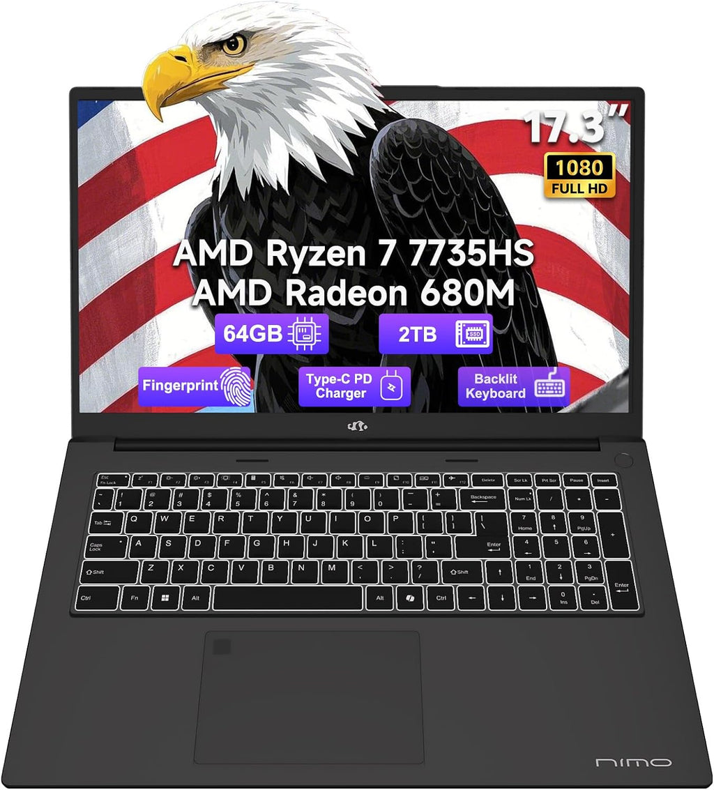 NIMO 17.3-Laptop, AMD Ryzen 7 7735HS (8C/16T) Radeon 680M, 64GB DDR5 RAM 2TB SSD, 100W PD Type-C Fast Charging, Wi-Fi 6E BT 5.2, Fingerprint Unlock, Backlit Keyboard for Business Student Light Gaming