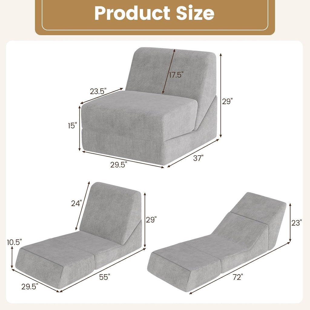 Giantex 3-in-1 Folding Sofa Bed, Convertible Sleeper Chair with Back Support, High Density Sponge, Washable Zippered Cover, Portable Floor Chaise Lounge for Living Room Bedroom Office Apartment (Grey)