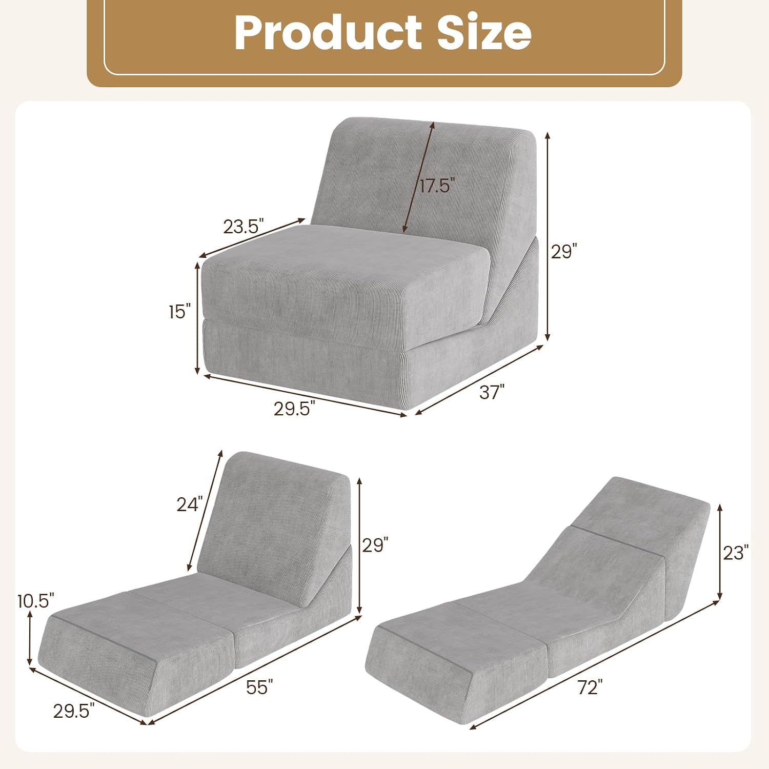 Giantex 3-in-1 Folding Sofa Bed, Convertible Sleeper Chair with Back Support, High Density Sponge, Washable Zippered Cover, Portable Floor Chaise Lounge for Living Room Bedroom Office Apartment (Grey)