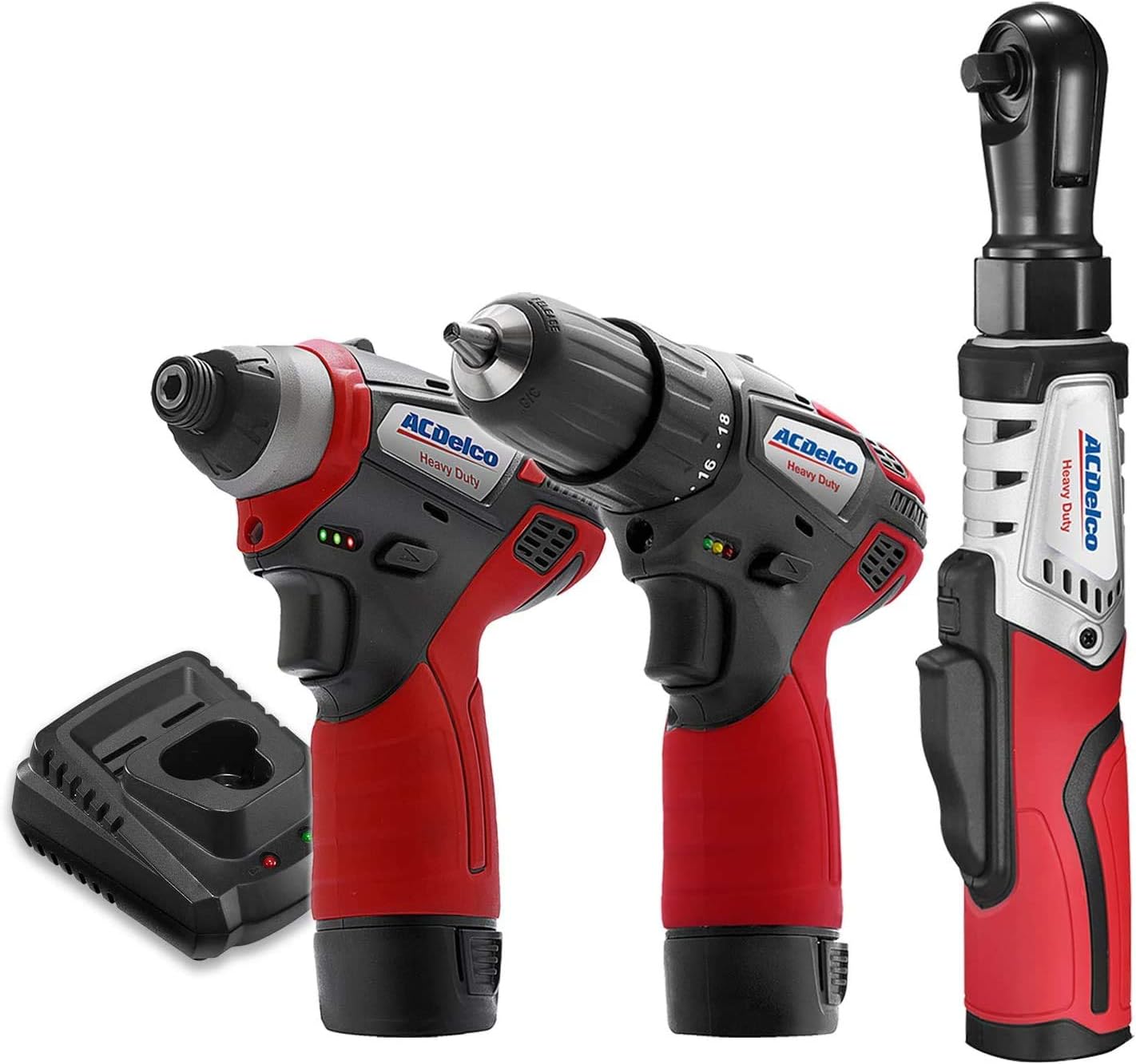 ACDelco G12 Series 3-Tool Cordless Combo 3/8' Brushless Ratchet Wrench + 2-Speed Drill/Driver+ Impact Driver, 2-battery, ARW12103-K11